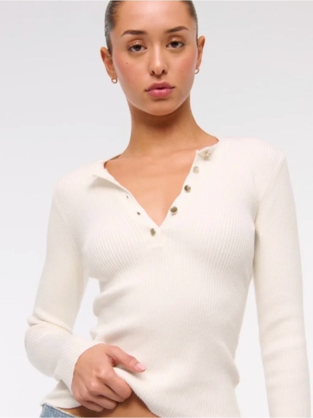 Abercrombie & Fitch Knit Henley Sweater Long Sleeve Ivory
